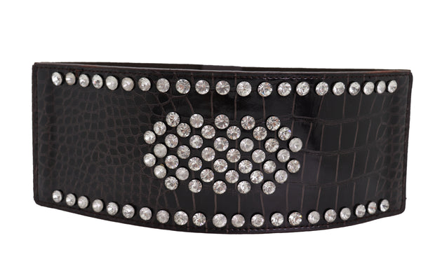 Brand New Women Dark Brown Faux Leather Elastic Wide Band Belt Silver Bling Shield Fit M L