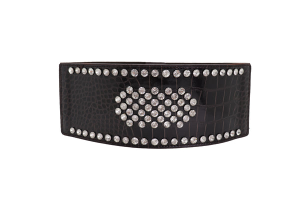 Brand New Women Dark Brown Faux Leather Elastic Wide Band Belt Silver Bling Shield Fit M L