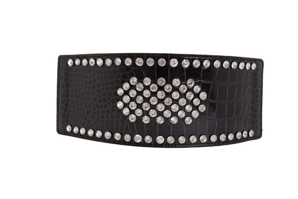 Brand New Women Dark Brown Faux Leather Elastic Wide Band Belt Silver Bling Shield Fit M L