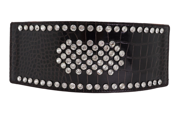Brand New Women Dark Brown Faux Leather Elastic Wide Band Belt Silver Bling Shield Fit M L