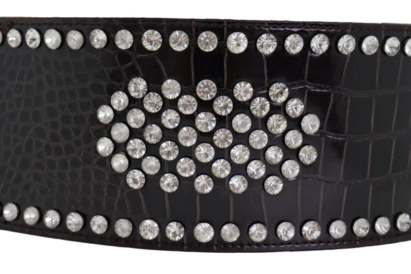 Brand New Women Dark Brown Faux Leather Elastic Wide Band Belt Silver Bling Shield Fit M L