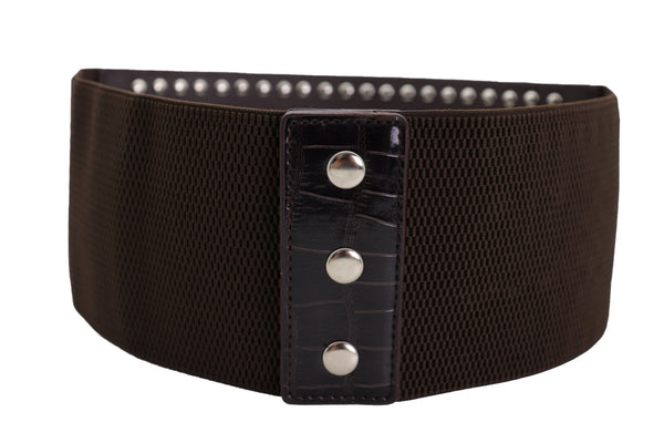 Brand New Women Dark Brown Faux Leather Elastic Wide Band Belt Silver Bling Shield Fit M L