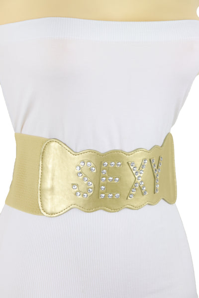Brand New Women Gold Elastic Band Wide Belt Hip High Waist Silver Bling SEXY Size S M