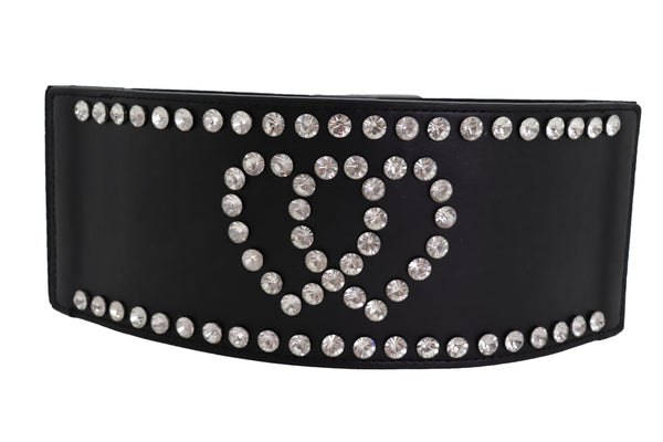 Brand New Women Black Elastic Wide Fashion Belt Hip High Waist Silver Heart Love Size S M