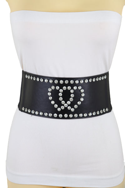 Brand New Women Black Elastic Wide Fashion Belt Hip High Waist Silver Heart Love Size S M