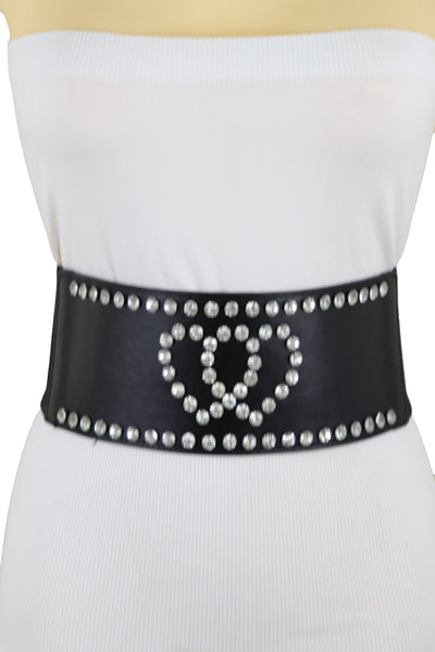 Brand New Women Black Elastic Wide Fashion Belt Hip High Waist Silver Heart Love Size S M