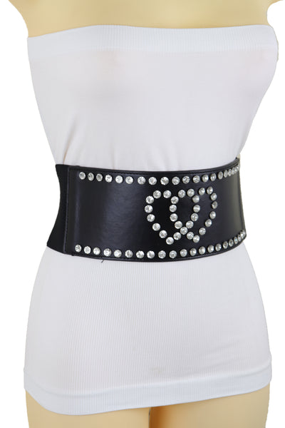 Brand New Women Black Elastic Wide Fashion Belt Hip High Waist Silver Heart Love Size S M