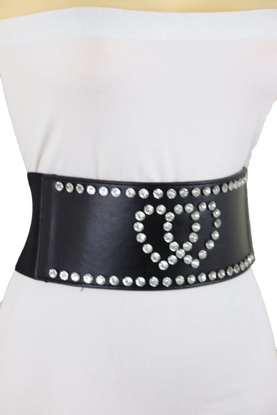 Brand New Women Black Elastic Wide Fashion Belt Hip High Waist Silver Heart Love Size S M