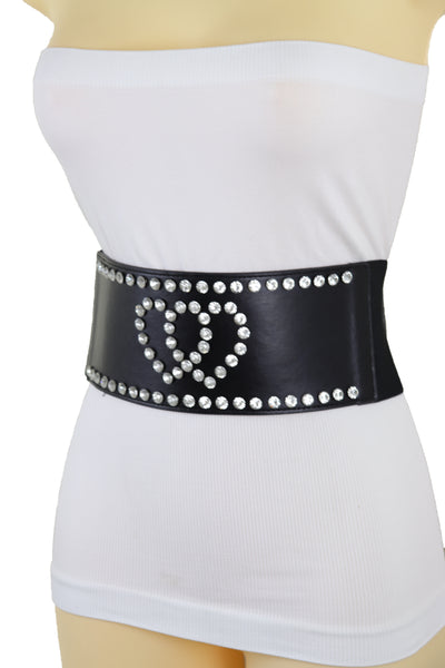 Brand New Women Black Elastic Wide Fashion Belt Hip High Waist Silver Heart Love Size S M