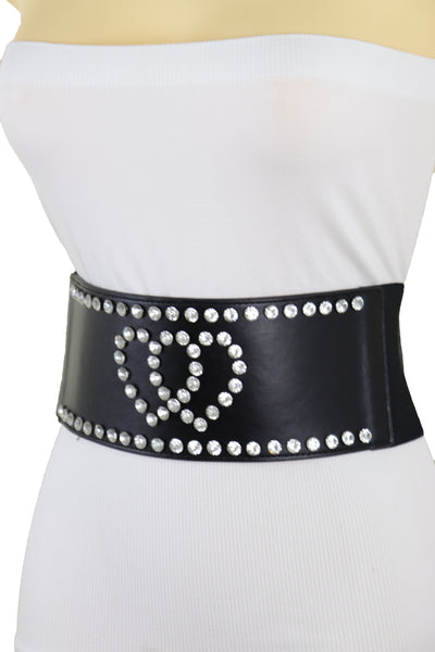 Brand New Women Black Elastic Wide Fashion Belt Hip High Waist Silver Heart Love Size S M