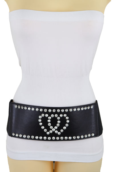 Brand New Women Black Elastic Wide Fashion Belt Hip High Waist Silver Heart Love Size S M