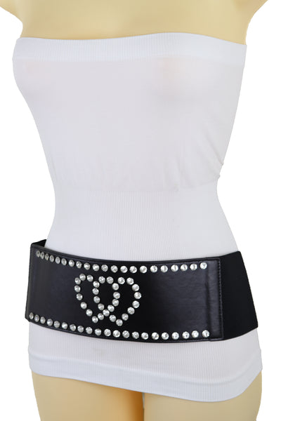 Brand New Women Black Elastic Wide Fashion Belt Hip High Waist Silver Heart Love Size S M