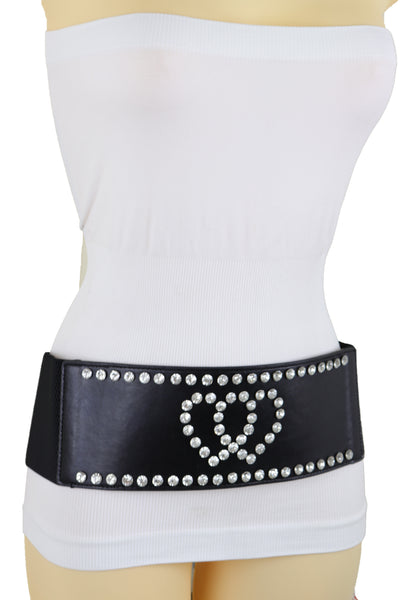 Brand New Women Black Elastic Wide Fashion Belt Hip High Waist Silver Heart Love Size S M