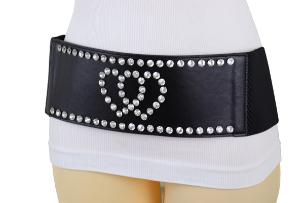 Brand New Women Black Elastic Wide Fashion Belt Hip High Waist Silver Heart Love Size S M