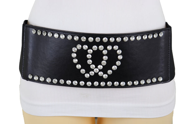 Brand New Women Black Elastic Wide Fashion Belt Hip High Waist Silver Heart Love Size S M