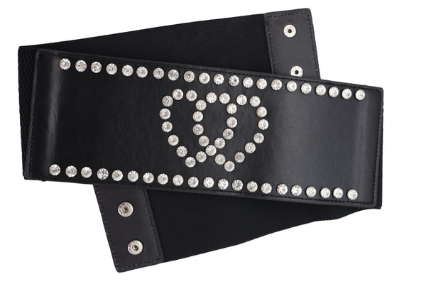Brand New Women Black Elastic Wide Fashion Belt Hip High Waist Silver Heart Love Size S M