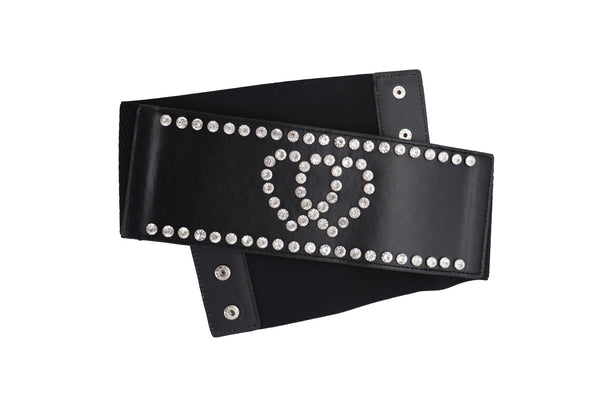 Brand New Women Black Elastic Wide Fashion Belt Hip High Waist Silver Heart Love Size S M