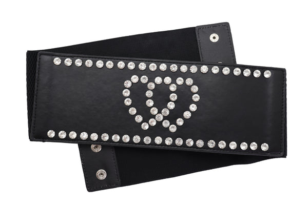 Brand New Women Black Elastic Wide Fashion Belt Hip High Waist Silver Heart Love Size S M