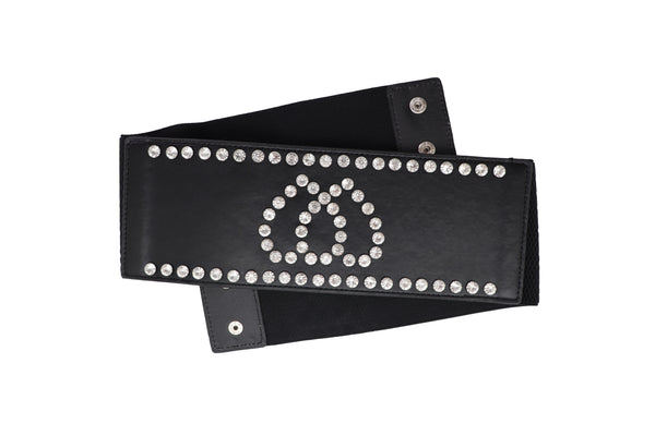 Brand New Women Black Elastic Wide Fashion Belt Hip High Waist Silver Heart Love Size S M