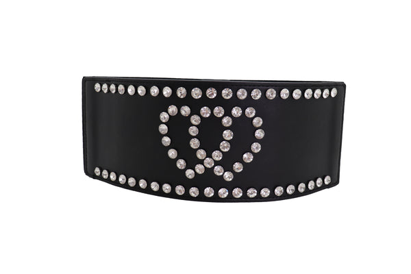 Brand New Women Black Elastic Wide Fashion Belt Hip High Waist Silver Heart Love Size S M