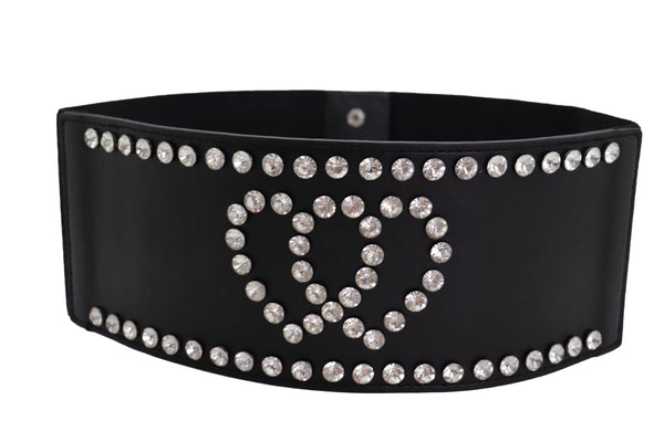 Brand New Women Black Elastic Wide Fashion Belt Hip High Waist Silver Heart Love Size S M