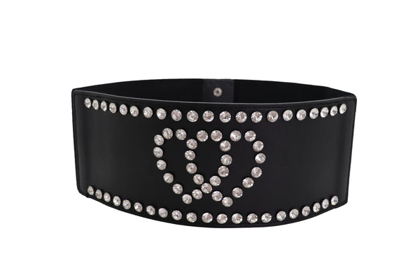 Brand New Women Black Elastic Wide Fashion Belt Hip High Waist Silver Heart Love Size S M