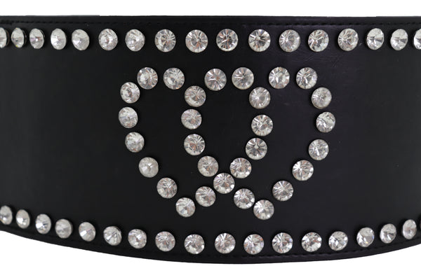 Brand New Women Black Elastic Wide Fashion Belt Hip High Waist Silver Heart Love Size S M
