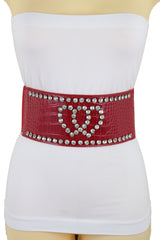 Red Elastic Wide Fashion Belt Hip High Waist Silver Heart Bling Size S M