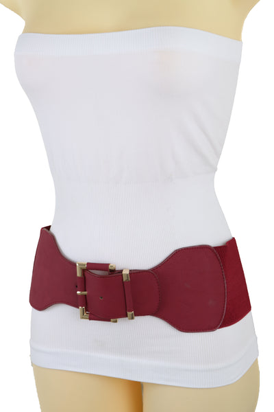 Brand New Women Dark Red Elastic Waistband Wide Belt Gold Metal Square Buckle Size S M