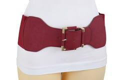 Dark Red Elastic Waistband Wide Belt Gold Metal Square Buckle Size S M