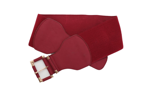 Brand New Women Dark Red Elastic Waistband Wide Belt Gold Metal Square Buckle Size S M