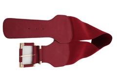 Dark Red Elastic Waistband Wide Belt Gold Metal Square Buckle Size S M