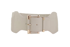 Faux Leather Elastic Waist Gold Square Buckle Belt Size S M