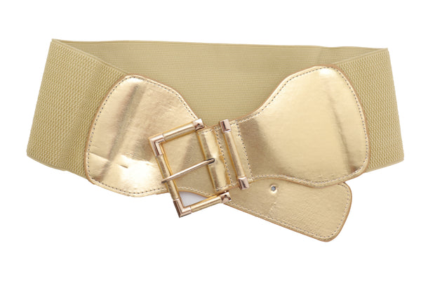 Brand New Women Gold Wide Elastic Fancy Fashion Belt Hip Waist Metal Buckle Size S M