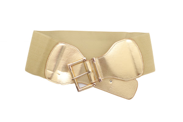 Brand New Women Gold Wide Elastic Fancy Fashion Belt Hip Waist Metal Buckle Size S M