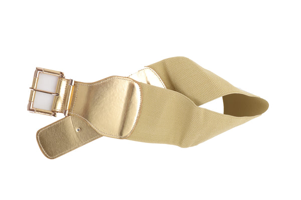Brand New Women Gold Wide Elastic Fancy Fashion Belt Hip Waist Metal Buckle Size S M