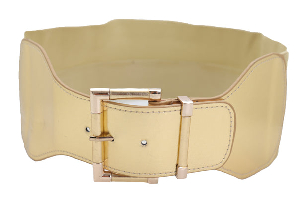 Brand New Women Gold Wide Elastic Fancy Fashion Belt Hip Waist Metal Buckle Size S M