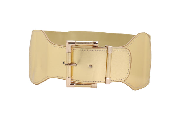 Brand New Women Gold Wide Elastic Fancy Fashion Belt Hip Waist Metal Buckle Size S M