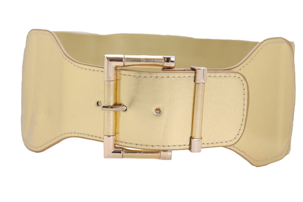 Brand New Women Gold Wide Elastic Fancy Fashion Belt Hip Waist Metal Buckle Size S M