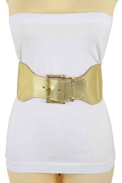 Brand New Women Gold Wide Elastic Fancy Fashion Belt Hip Waist Metal Buckle Size S M