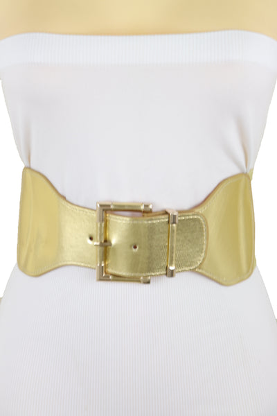 Brand New Women Gold Wide Elastic Fancy Fashion Belt Hip Waist Metal Buckle Size S M
