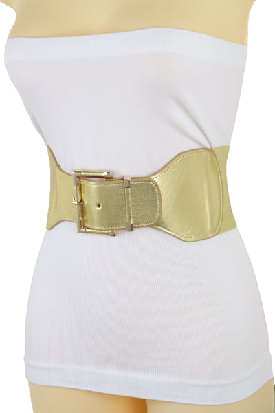 Brand New Women Gold Wide Elastic Fancy Fashion Belt Hip Waist Metal Buckle Size S M