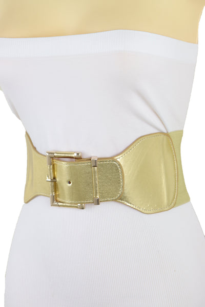 Brand New Women Gold Wide Elastic Fancy Fashion Belt Hip Waist Metal Buckle Size S M