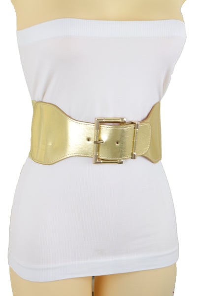 Brand New Women Gold Wide Elastic Fancy Fashion Belt Hip Waist Metal Buckle Size S M
