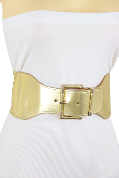 Brand New Women Gold Wide Elastic Fancy Fashion Belt Hip Waist Metal Buckle Size S M
