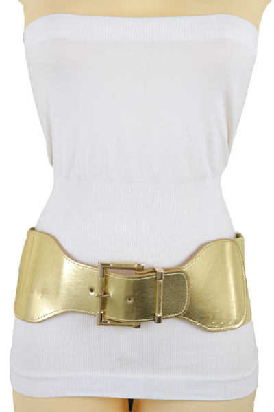 Brand New Women Gold Wide Elastic Fancy Fashion Belt Hip Waist Metal Buckle Size S M