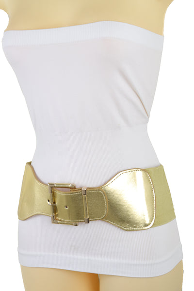 Brand New Women Gold Wide Elastic Fancy Fashion Belt Hip Waist Metal Buckle Size S M