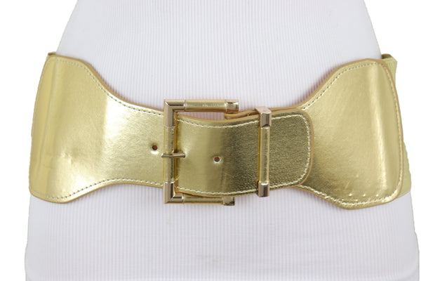 Brand New Women Gold Wide Elastic Fancy Fashion Belt Hip Waist Metal Buckle Size S M