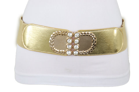 Brand New Style Women Gold Elastic Belt Bling Metal Buckle Size S M