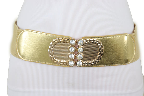 Brand New Style Women Gold Elastic Belt Bling Metal Buckle Size S M